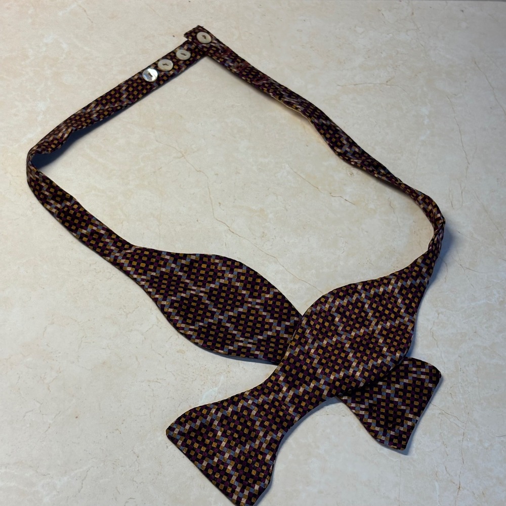 Carrot & Gibbs Silk Bow Tie Purple Gold Geometric Button Adjust Handmade USA
